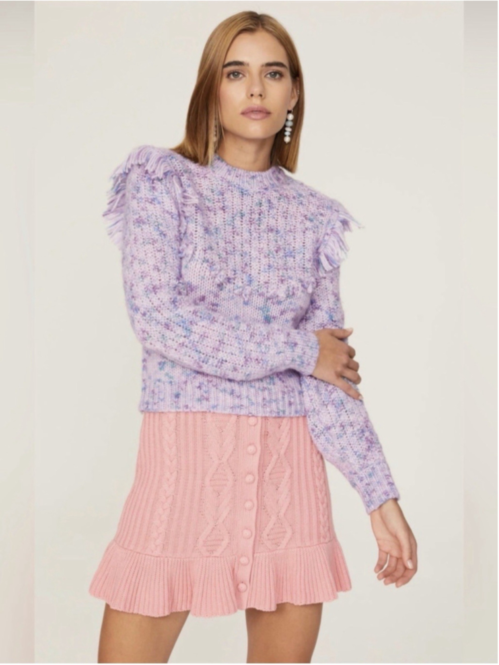 LoveShackFancy S Koru Pullover Sweater Frosted Berry Alpaca Wool Fringe Crewneck